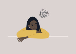 A psychological portrait of a young confused female Black character, an anxiety and depression concept, psychotherapy.
